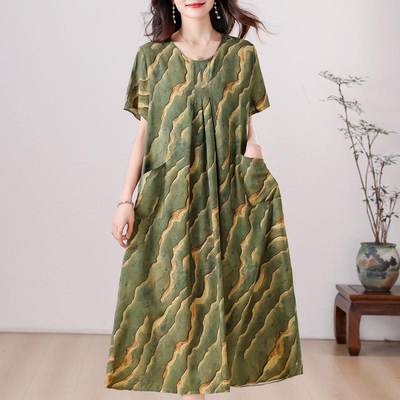 Übergröße, langes Sommerkleid mit Vintage-Druck für Damen, elegantes, kurzärmeliges, lockeres Sommerkleid in Übergröße