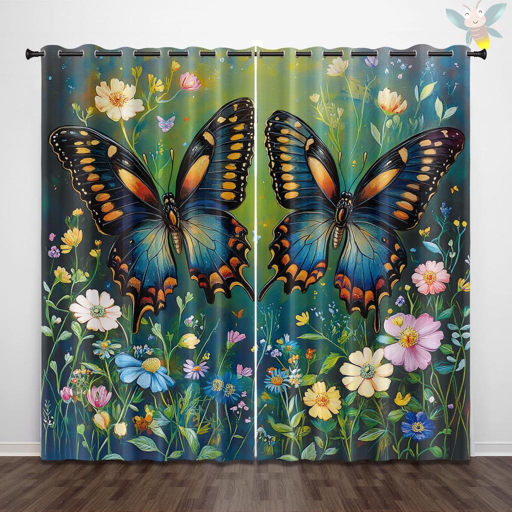 Dragonfly Pattern Glass Painted Blackout Curtains - Thickened Polyester, High Precision Sun Protection