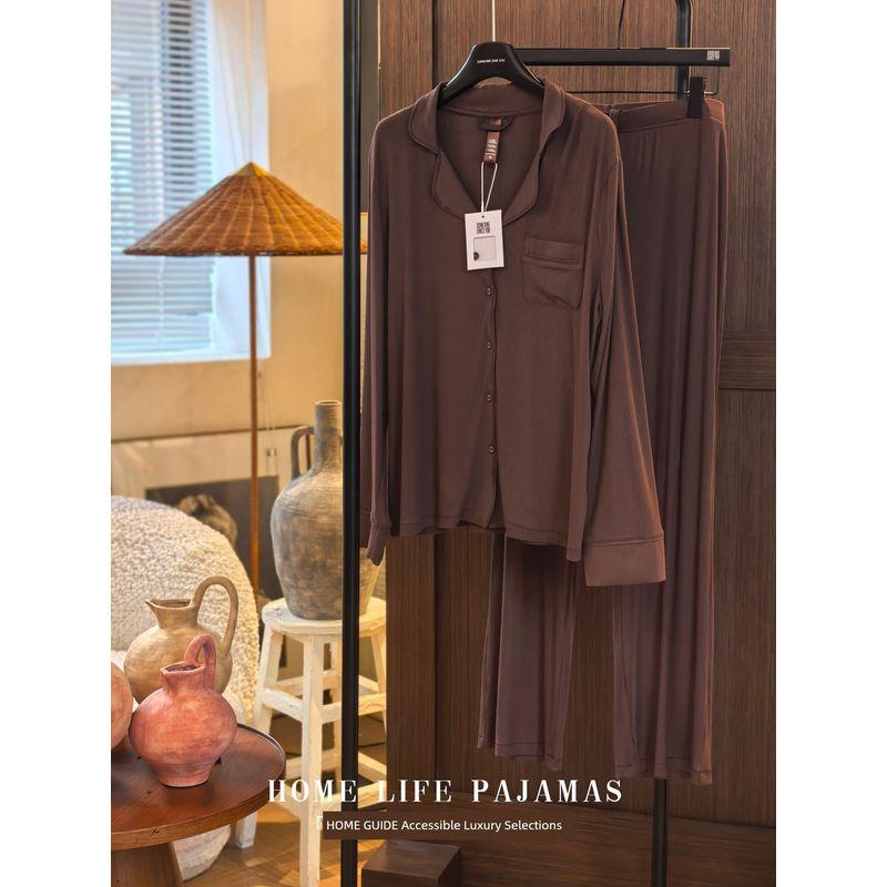 

Pink Modal Kardashian Sister Jin s Same Pajamas Women Spring and Summer New American Light Luxury Long sleeve Homewear Set Chocolate L