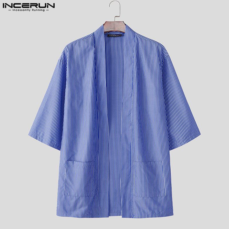INCERUN Men Batwing Sleeve Open Front Striped Casual Kimono Cardigan Tops