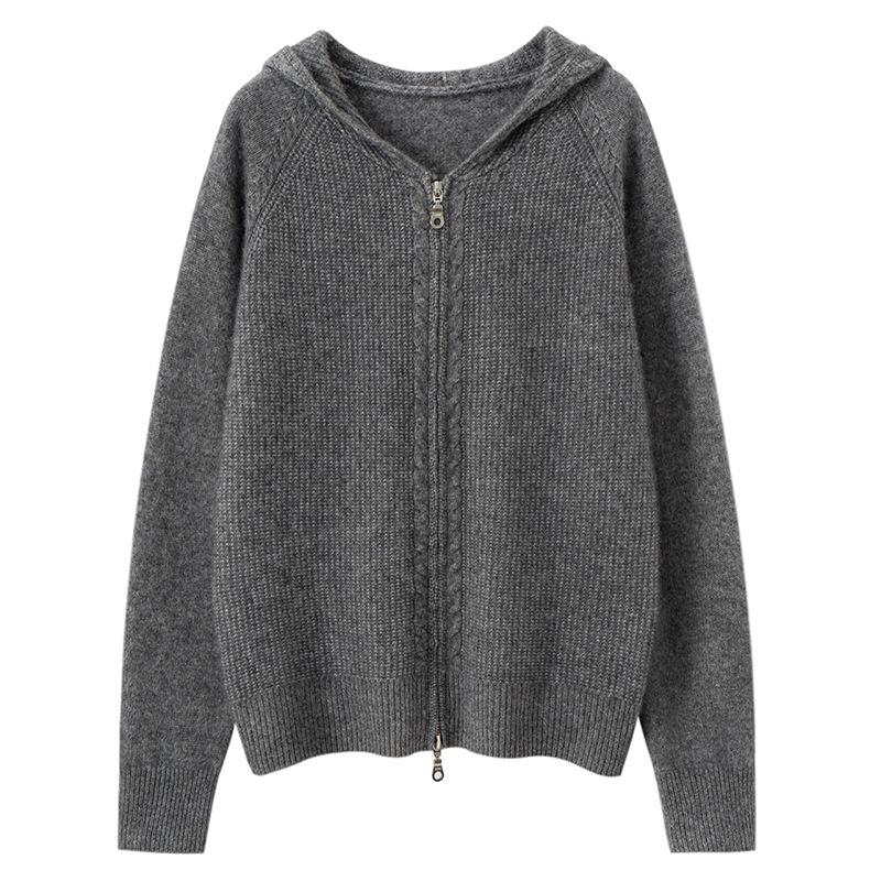 Eleganter Kapuzen-Kaschmir-Cardigan für Damen - Locker, Gemütlich und Hochwertig mit Verdicktem Reißverschluss.