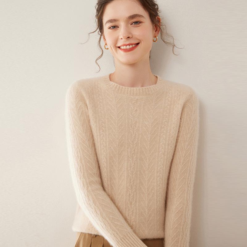 Women's Autumn/Winter Bamboo Leaf Twist Pattern Cashmere Knit Sweater - Round Neck, Loose Fit, Thick, Fashionable, Versatile