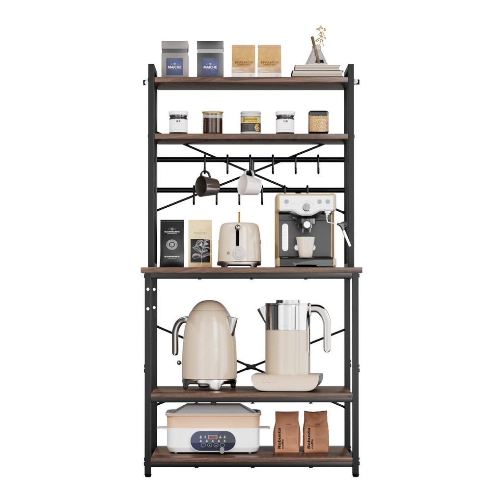 Kitchen Bakers Rack, 800 Mm Width Bakers Rack, Kitchen Stand with X-Shaped Support Bar, 12 S-Shaped Hooks, Double-Layer Top Shelf, Coffee Bar Stand