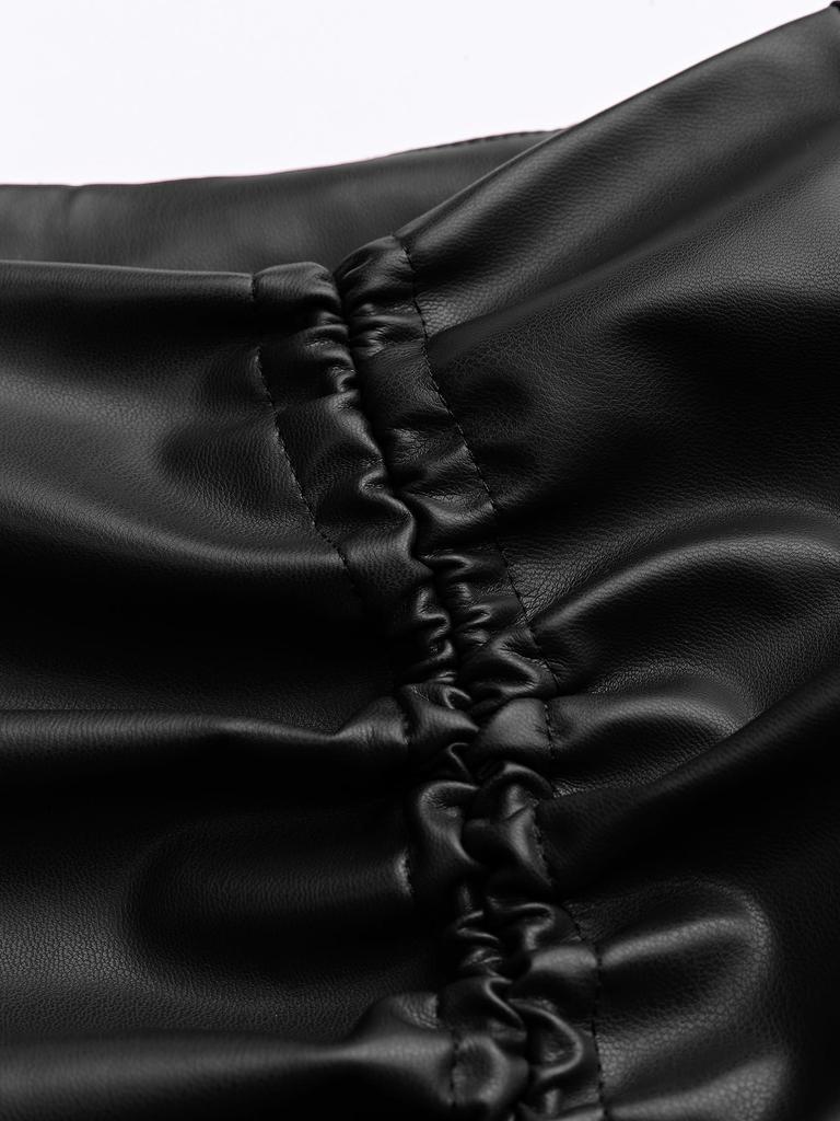 Solid Color PU Leather High Waist Ruched Midi Skirt with Drawstring Slit