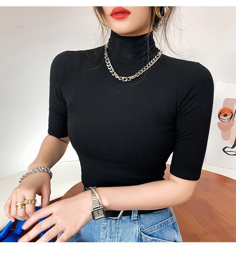 Elastic Slim Cotton Turtleneck T Shirts For Women Casual Short Sleeve Tee