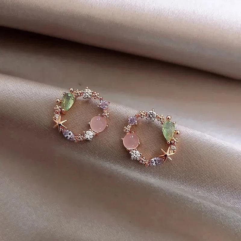 Korean Round Pink Green Crystal Earrings for Women 2024 Design Classic Sweet Flower Round Earrings Jewelry Fashion Accessories