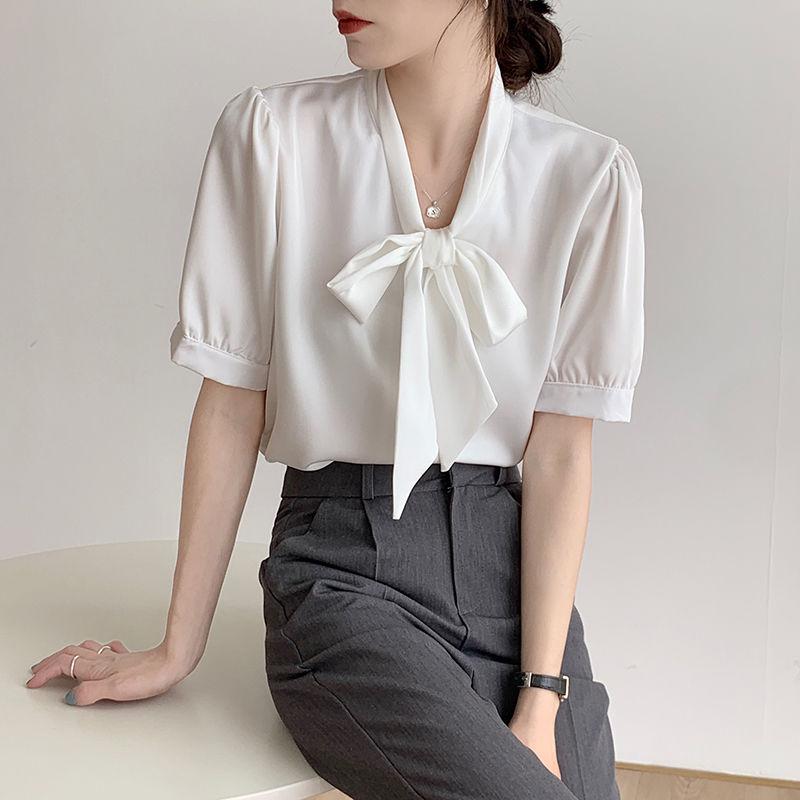 

Элегантная белая летняя блузка женская шифоновая с коротким рукавом уникального дизайна профессиональная офисная для собеседования формальная рубашка стильный топ XXL белый