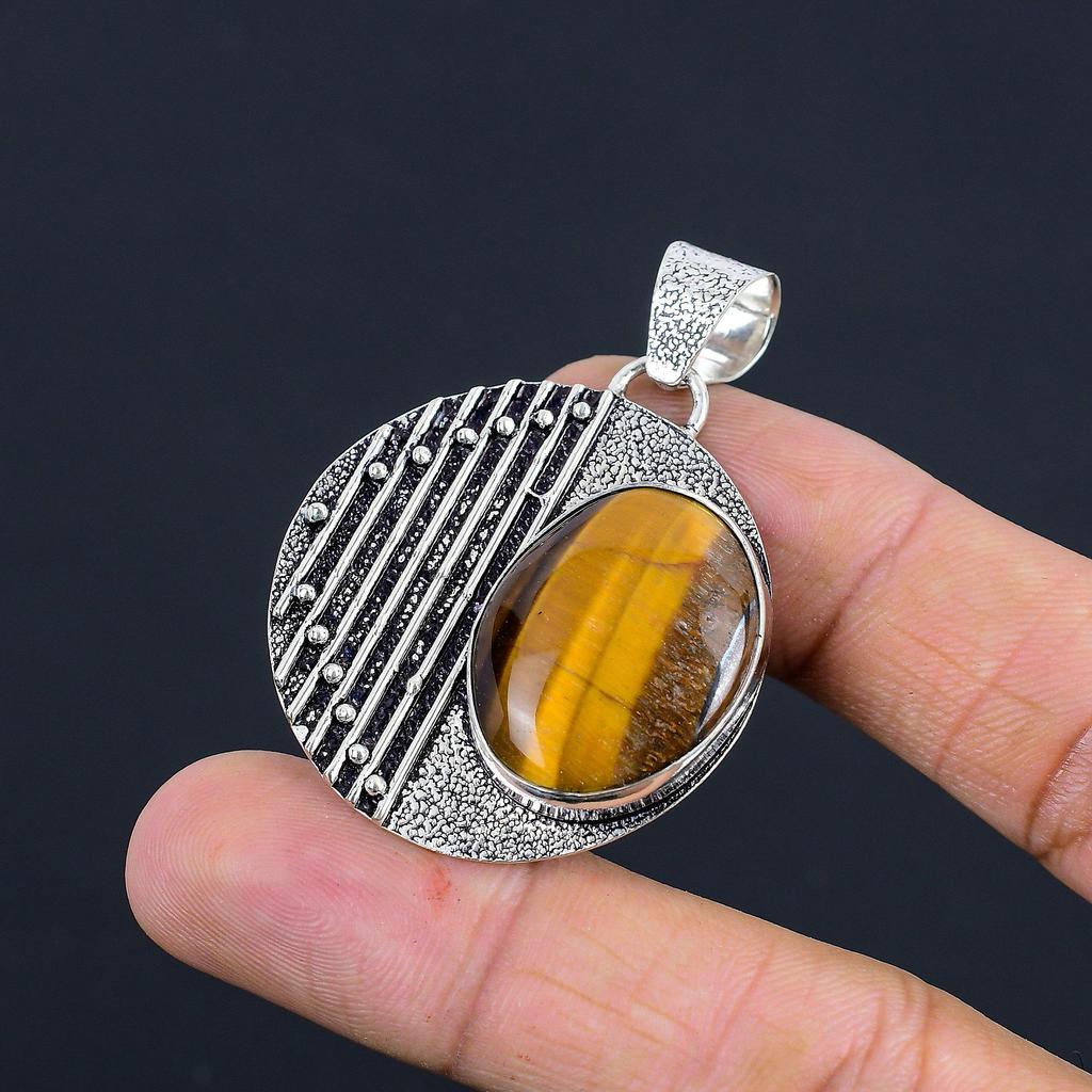 Oval Natural Tiger Eye Sister Elegant Bezel Pendant Jewelry 925 Sterling Silver
