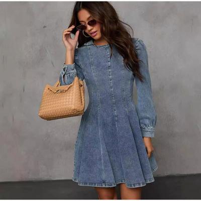 Elegant Denim Dress For Women 2025 Spring Autumn Long Sleeve A-Line Sexy Patchwork Slim Dresses Fashion Lady Club Streetwear Jean Dress