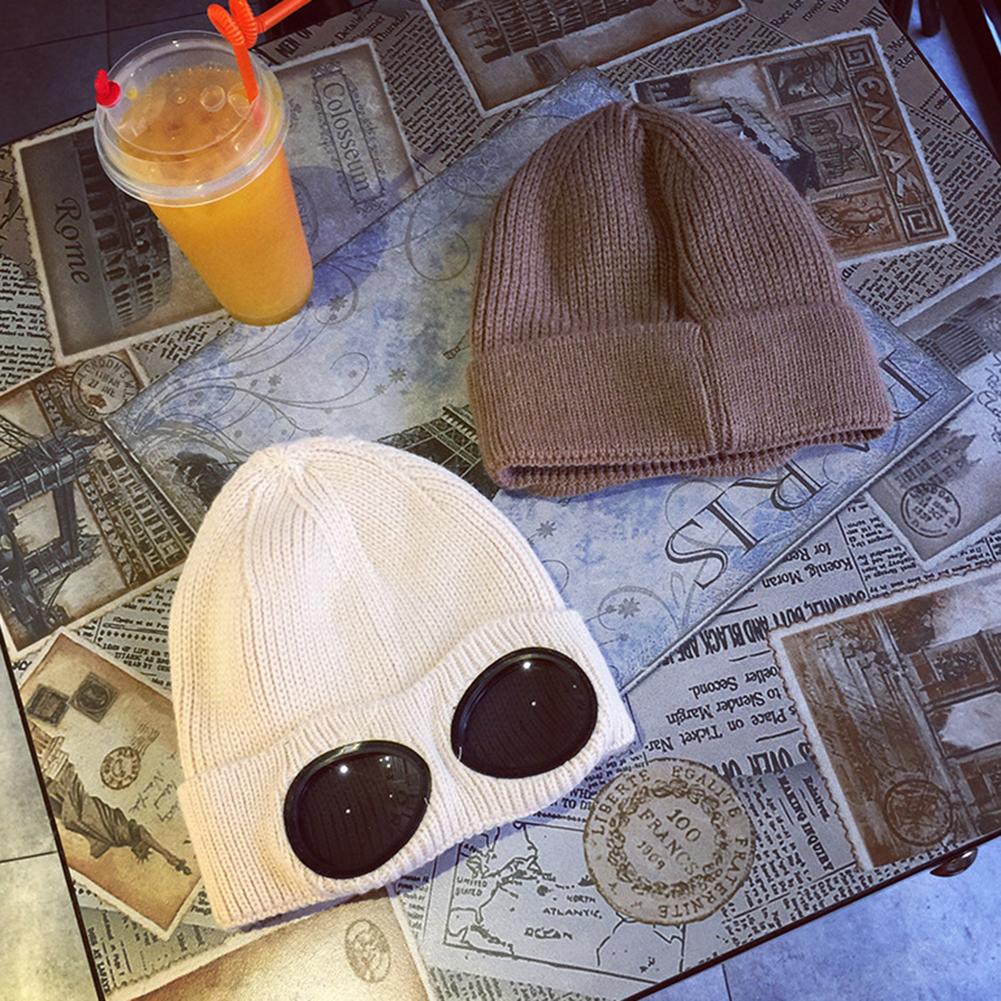 Warm Woolen Yarn Skiing Hat with Fake Windproof Glasses Stylish Knitted Cap New Year Christmas Gift