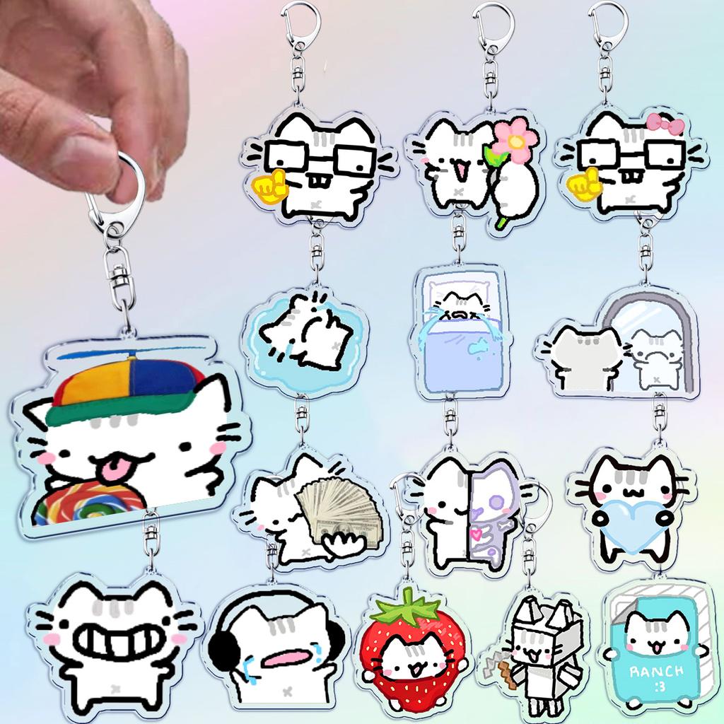 Cute Cat Cartoon Keychains for Accessories Bag Funny Meme Kawaii  Strawberry Kitten KeyChain Ring Jewelry Fans Gifts Keyrings