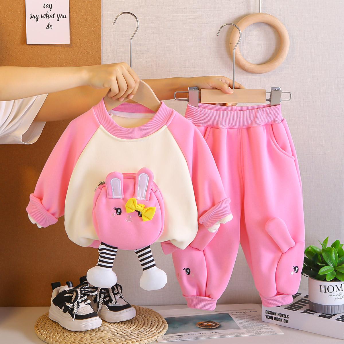 

Комплект из 2 предметов с длинным рукавом для девочек 0-5 лет, Милое флисовое худи с карманом для девочек, повседневные брюки, Детская одежда высокого качества XL розовый