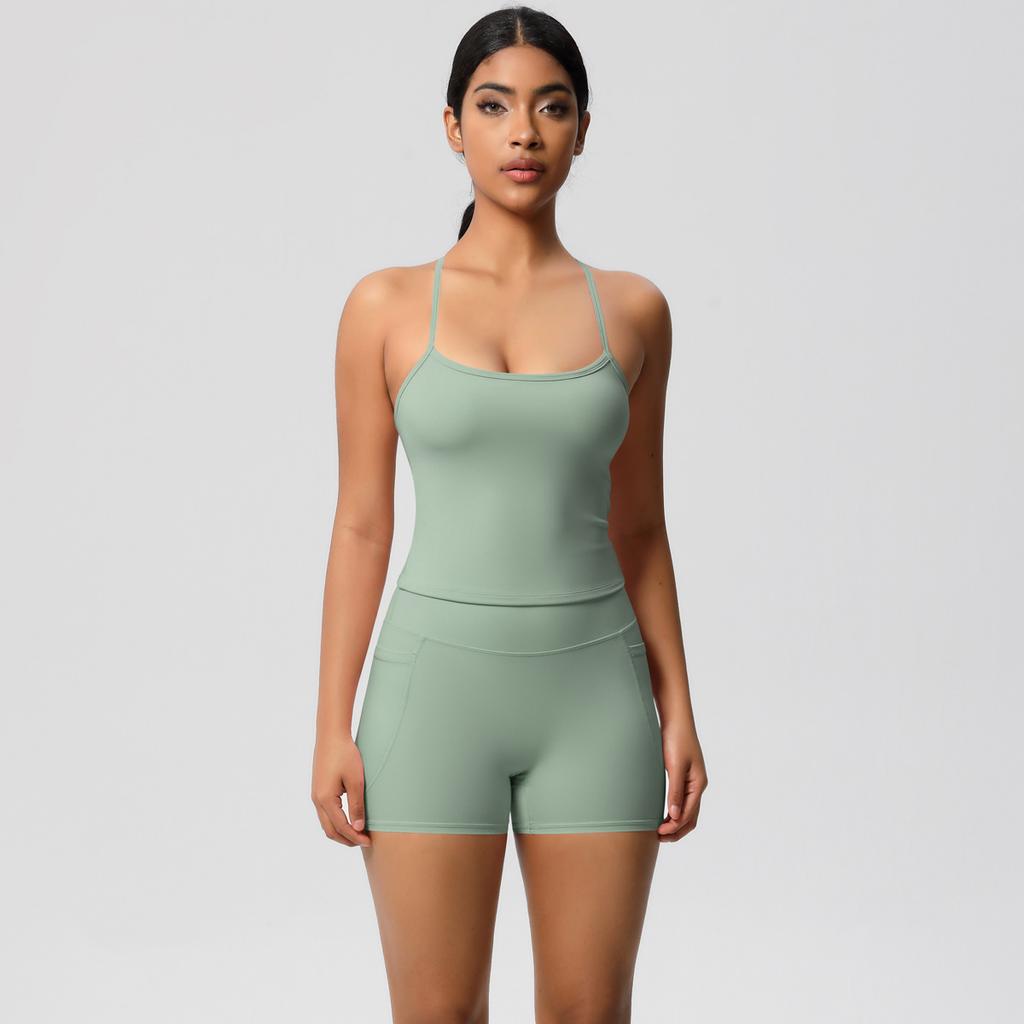 Yungan Eng anliegender Sandstrahl-Schnelltrocknender Yoga-Anzug, Hüfthebende Tasche-Shorts, Zweiteiliges Lauf-Fitness-Set Für Damen