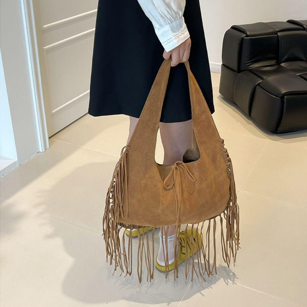 Solid Color Suede Handbag Tote Bag Underarm Packs Casual Tassel Shoulder Bag  Travel