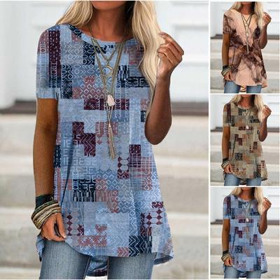 Women Fashion Round Neck T-shirt Summer Casual Printed Short Sleeve Top Pullover Loose Long Top