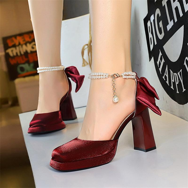 

European American High Heel Sandals Thick Heel Square-Toe Satin Hollow Pearl One-Strip Back Bow Wedding Shoes Cute Mary Elegant 35