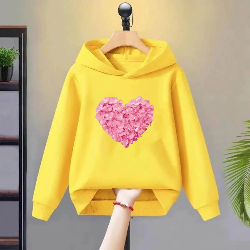 Black Children‘s Hoodie Autumn Winter Warm Clothes Sets For Girls Heart Print Top Coat Daily Causal Sports Loose Lounge Wear