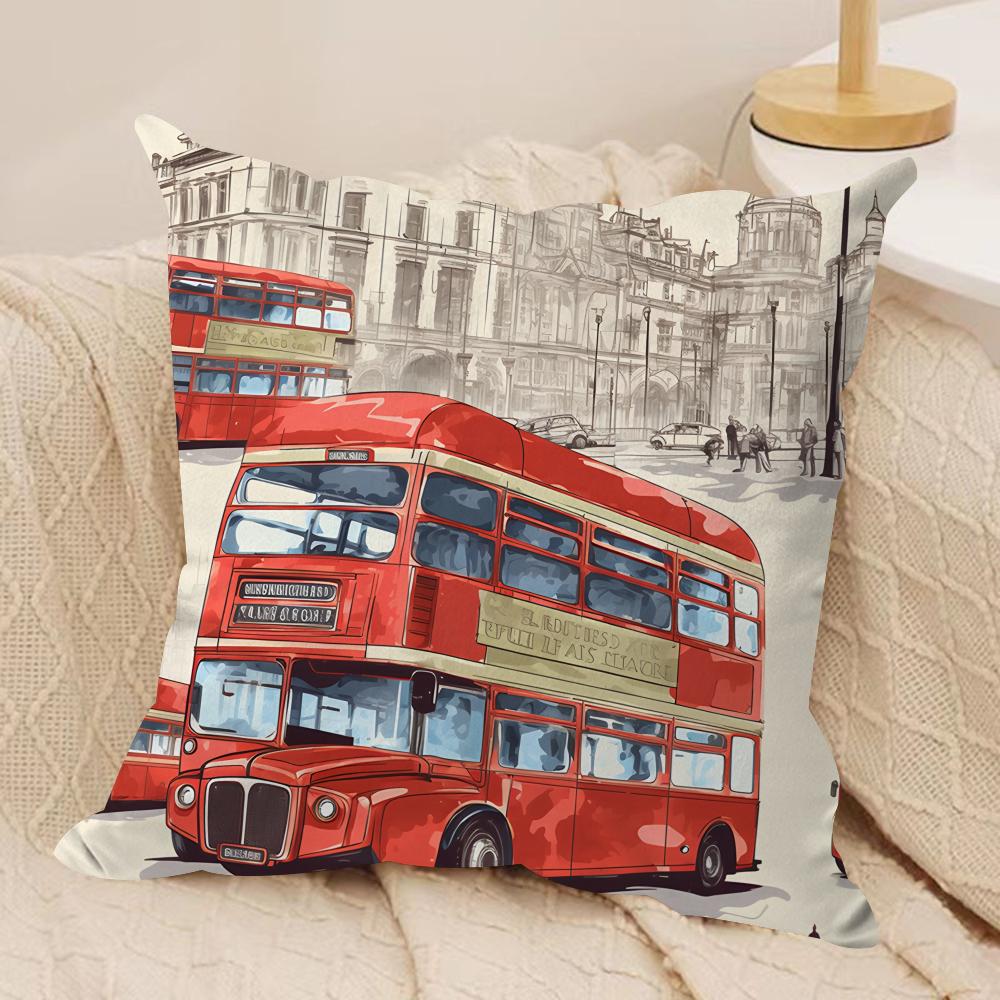 London Red Bus Print Cushion Cover Silky Short Plush Invisible Zipper Dustproof Sofa Pillow Case for Home Decor
