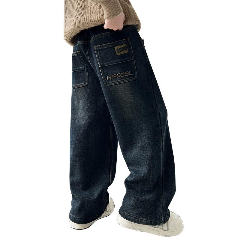 2025 Blugi pentru Băieți Mărimi Mari cu Căptușeală Fleece cu Croială Dreaptă pentru Adolescenți Supraponderali – Pantaloni Lungi de Primăvară și Toamnă Pantaloni la Modă