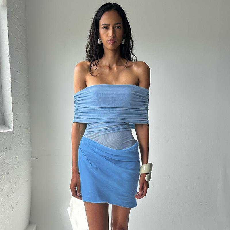 

Женское плиссированное платье на одно плечо из сетки, весна/лето 2025 г. — европейский и американский стиль Medium синий