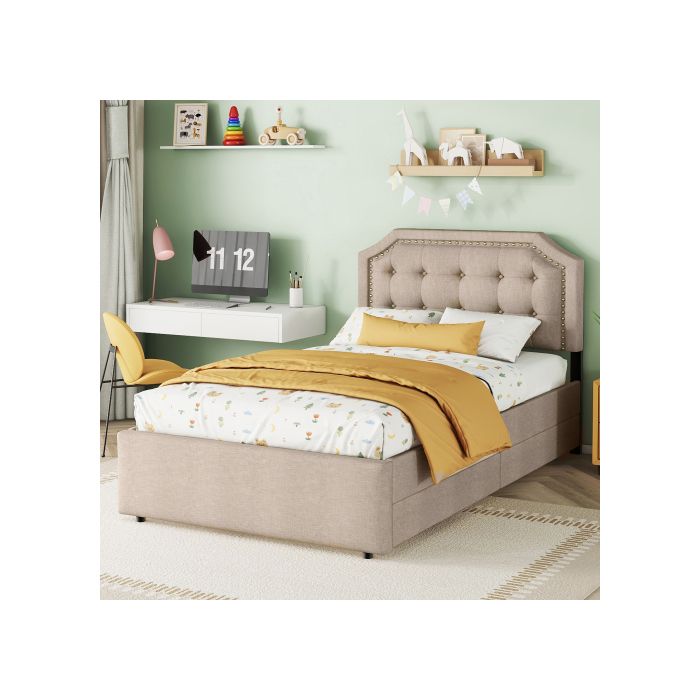 Lit - MUVOE - 90x200 Cm - Beige Foncé - Rembourré Avec Tiroirs - Design Élégant