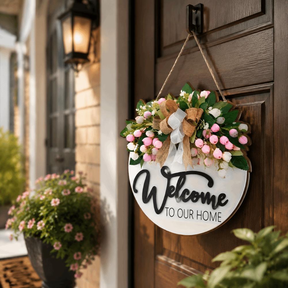 Flower Welcome Sign 2D Flat Wall Art Ornaments Door Wreath Home Decor