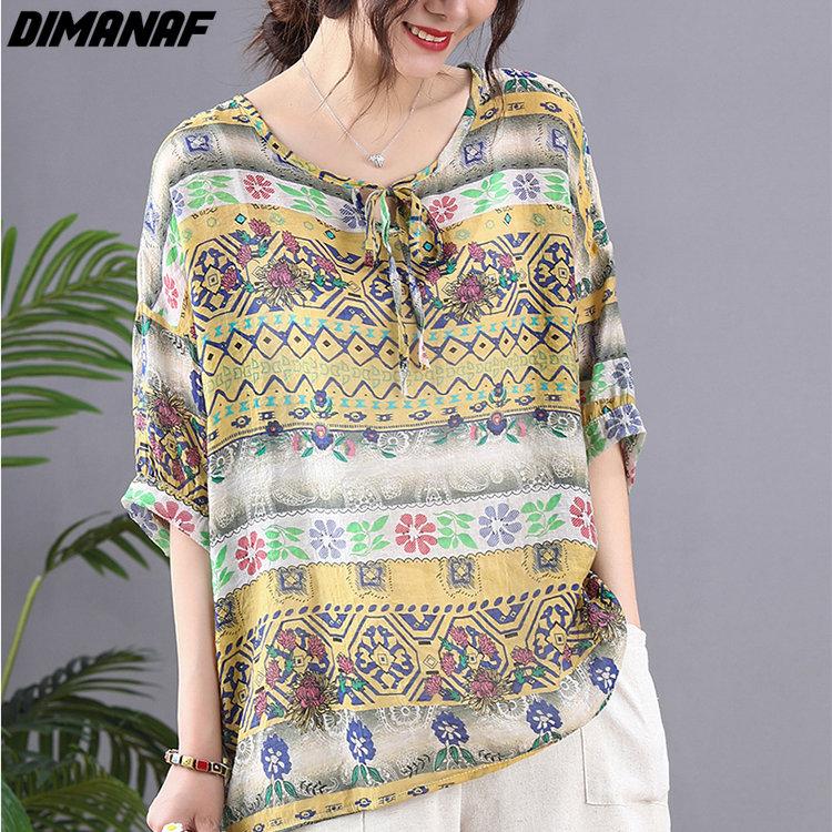 

DIMANAF 2023 летние женские футболки больших размеров льняные топы с круглым вырезом и цветочным принтом, футболки, свободная повседневная одежда