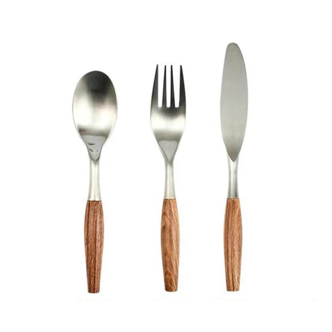 3/5Pcs 304 Stainless Steel Cutlery Set Wooden Handle Dinner Fork Knife Flatware Dinnerware Tableware