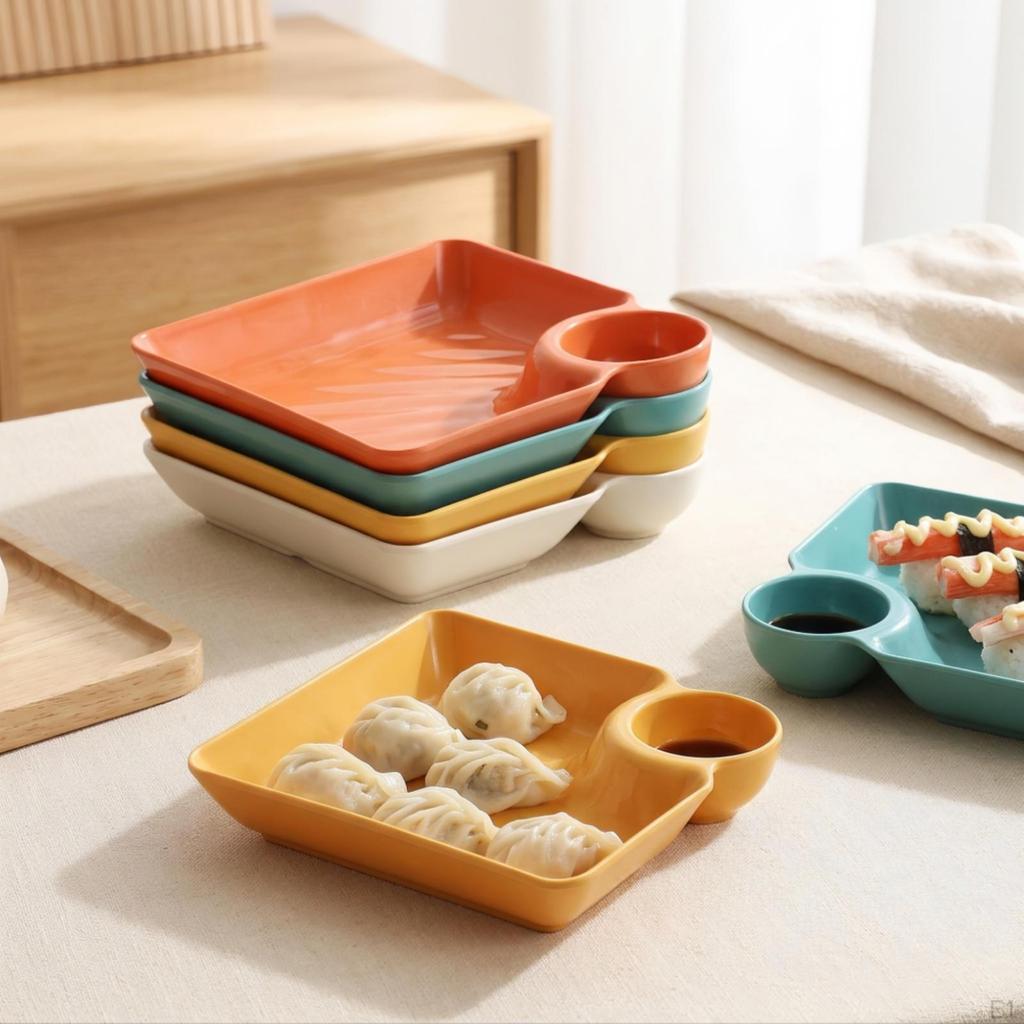Dumpling Plate with Dipping Cup Shatterproof Serving Dish Sauce Compartment