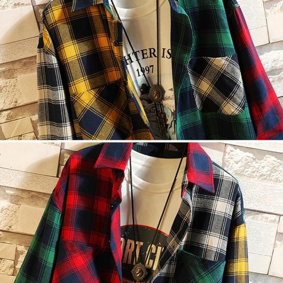 Men Spring Shirt Colorblock Plaid Print Single-breasted Loose Long Sleeve Lapel Buttons Streetwear Casual Cardigan Shirt Coat