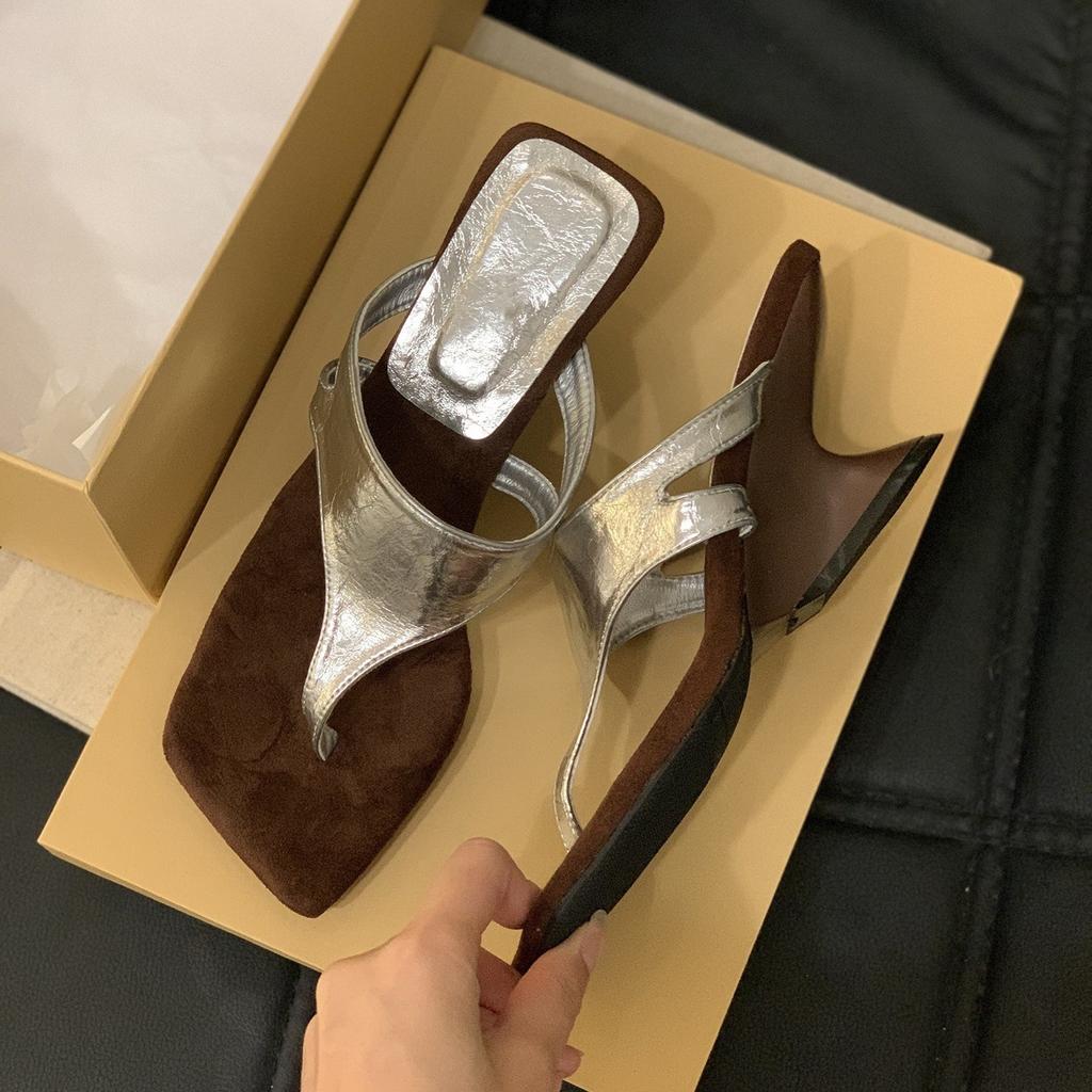 Wedge heel high heel flip-flop shoes women's shoes wear 2025 summer with skirt French sandals silver sandals