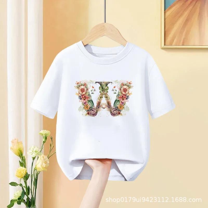 Floral AZ Kids Tshirt 26 Letters Cute ABCD Cartoon Short Sleeve Tee for Girls Summer Fashion Polyester Fabric
