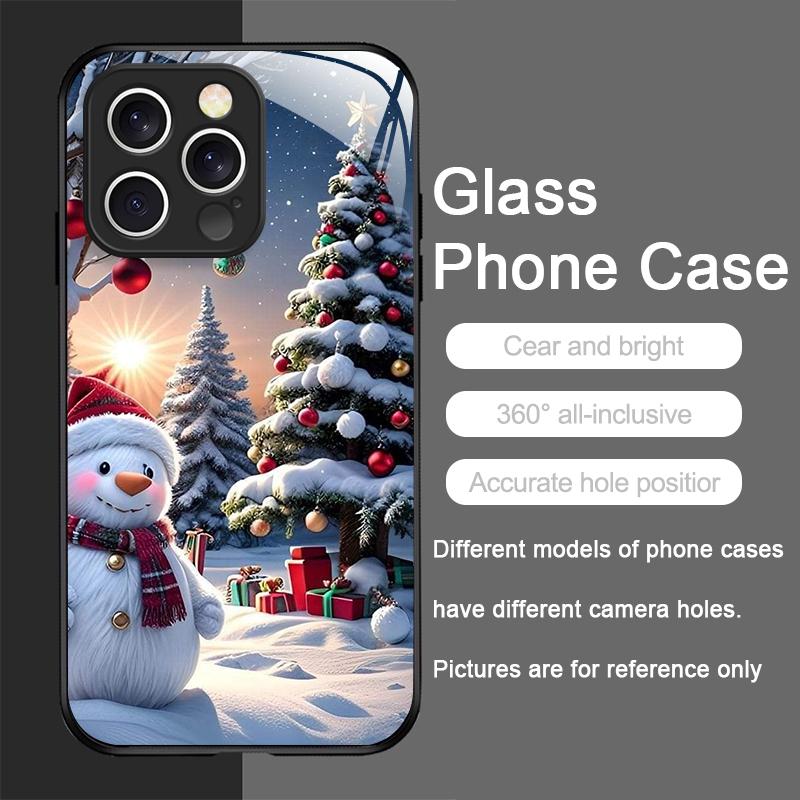 Cute Winter Snowman Christmas Tree Tempered Glass Phone Case for iPhone 17 16 Pro Max 15 14 13 12 Mini 11 X XS XR 7 8 Plus Cover