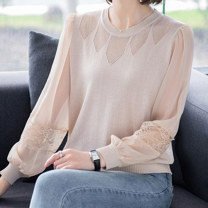 Strickpullover für Damen, lockeres Oberteil aus heller Seide, Frühling und Sommer, dünne Spitze, hohles Chiffon-Hemd