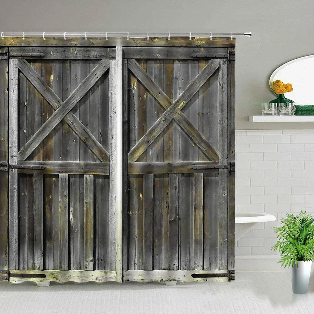 Retro Wood Doors Shower Curtain Set Rustic Old Vintage Barn Door Fabric Bathroom Curtains Farmhouse Bath Decor Bath Screens Hook
