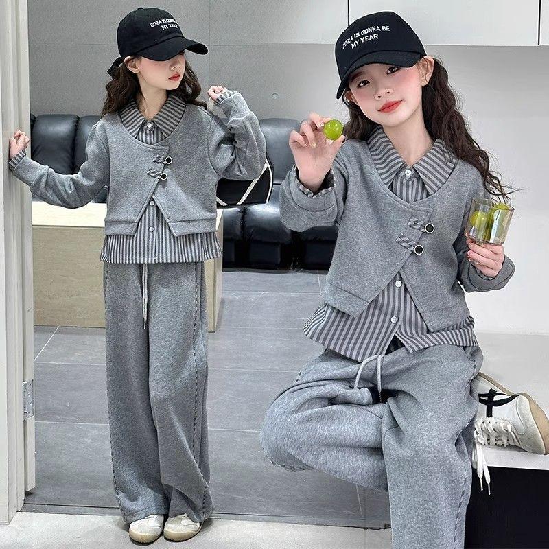Mädchen Frühling und Herbst Unregelmäßiges T-Shirt Hose Zweiteiliger Anzug, Große Kinder Koreanischer Stil Modischer Lässiger Anzug