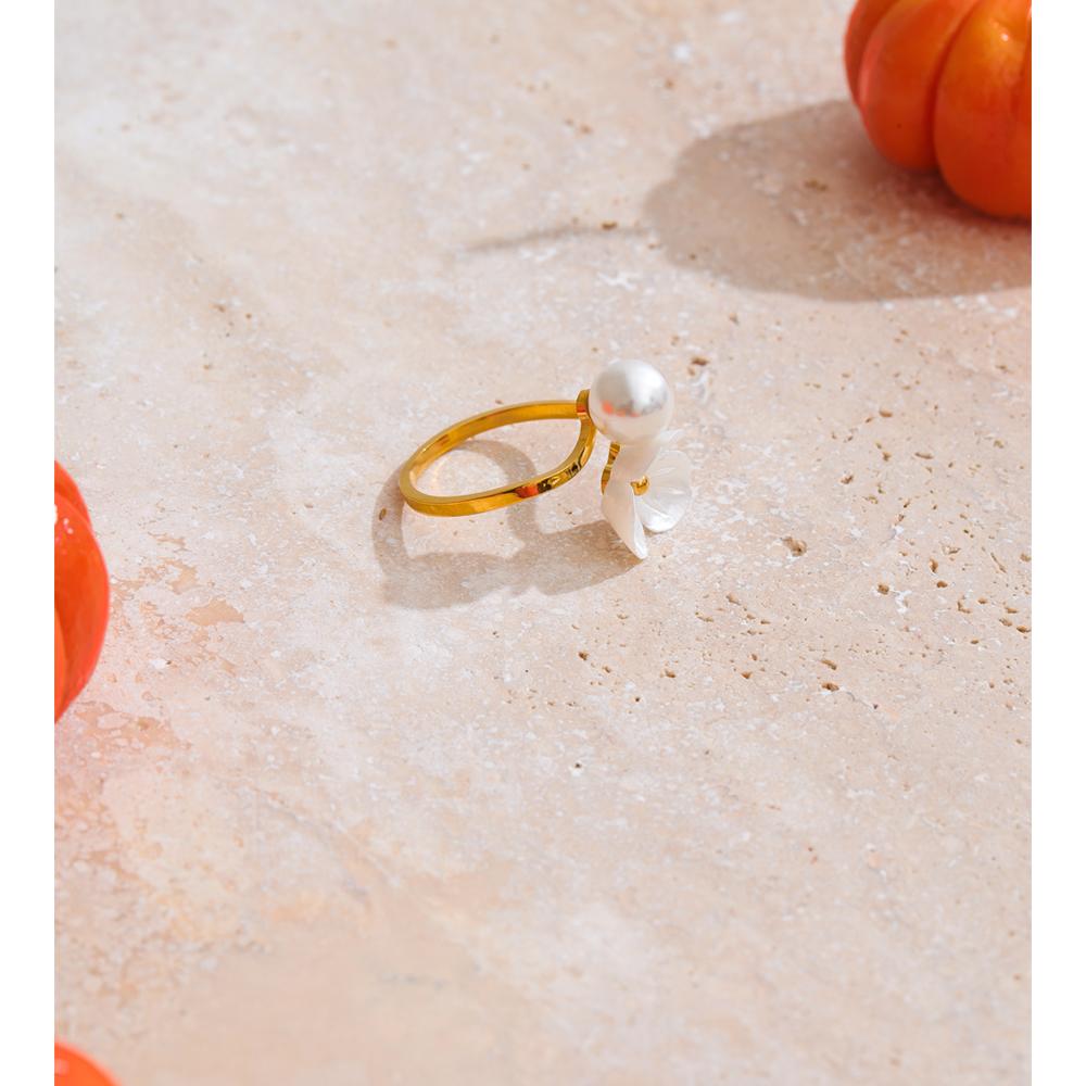 Eetit Imitation Pearls Resin Flower Adjustable Ring Golden PVD Plated Stainless Steel Chic Jewelry Korean Accessories Wholesale