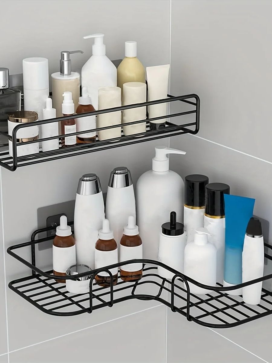 

2 Полки для ванной Полка для душа Полка для хранения шампуней Кухонная угловая полка для специй Настенная полка без сверления Аксессуары для ванной 2 Tiers чёрный