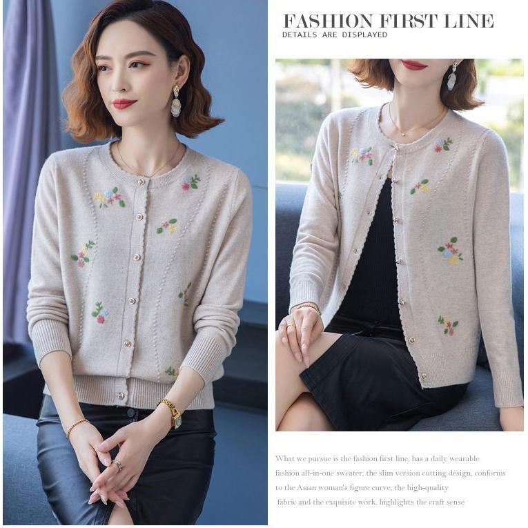 Autumn Winter Women's Wool Cardigan Round Neck Embroidered Knitted Jacket Cardigan Top