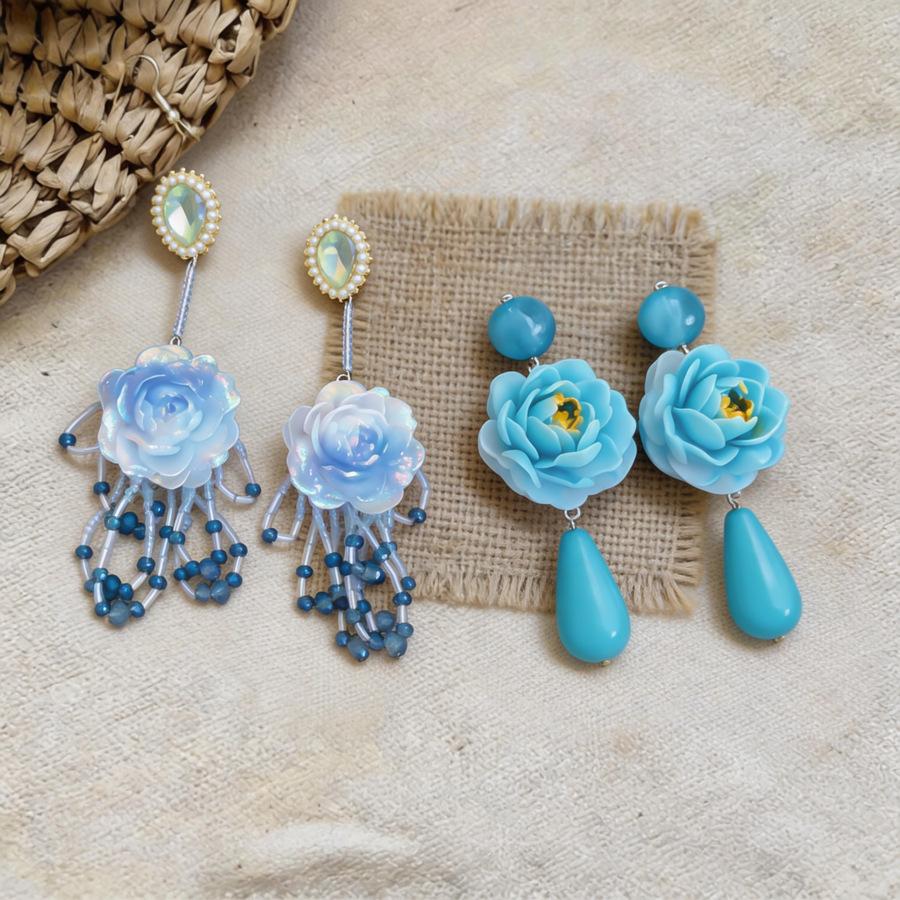 Silver Needle Holiday Style Smudge Resin 3D Flower Water Drop Stud Earrings High-end Personality Niche Women Earrings