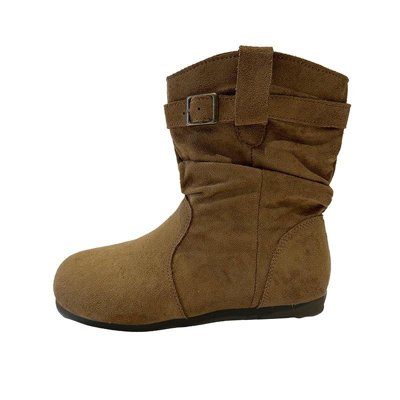 [Fanfna] Retro Versatile Thin Boots Korean Version Round Head Flat Bottom Short Boots Women's Fashion Pleated Stacking Boots