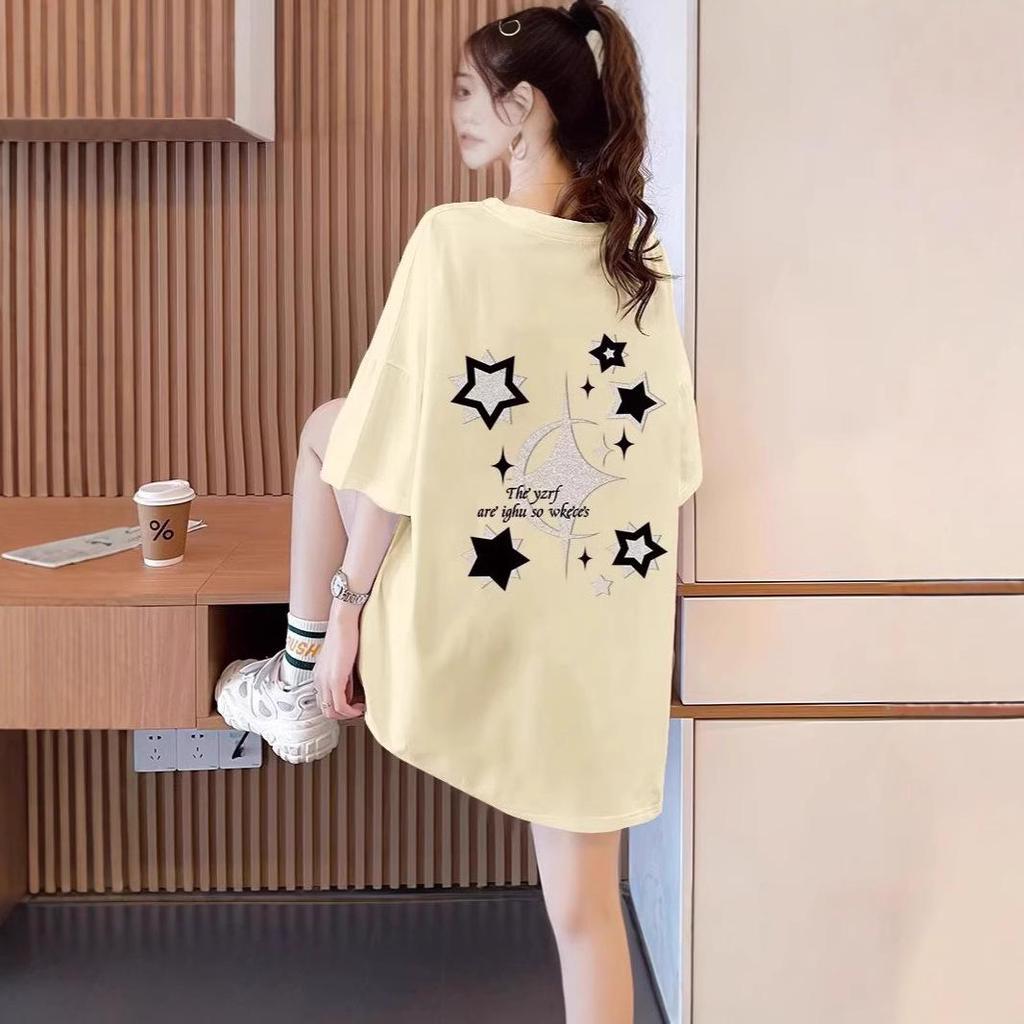 Damen 2025 Sternenprint Weiß Kurzarm Locker Mittellang T-Shirt - Frühling/Sommer Trend