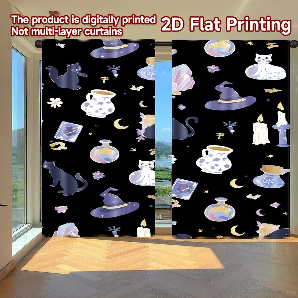 

Set Of 2 Flat Printing Curtains Without Rod Halloween Magic Elements Easter Holiday Digital Versatile Made Polyester W100*H70(CM)-Hooks&1PCS