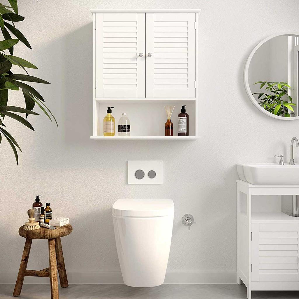 VASAGLE Wall Cabinet, Hanging Bathroom Storage Cabinet, Medicine Cupboard with Adjustable Shelf, Double Shutter Doors and Open Shelf, 60 x 20 x 70 cm