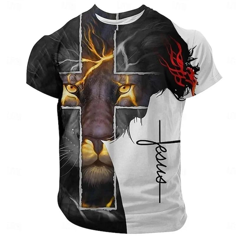 

Чоловіча літня футболка з принтом 3D хрест і лев, короткий рукав, повсякденна футболка для щоденного носіння 6XL