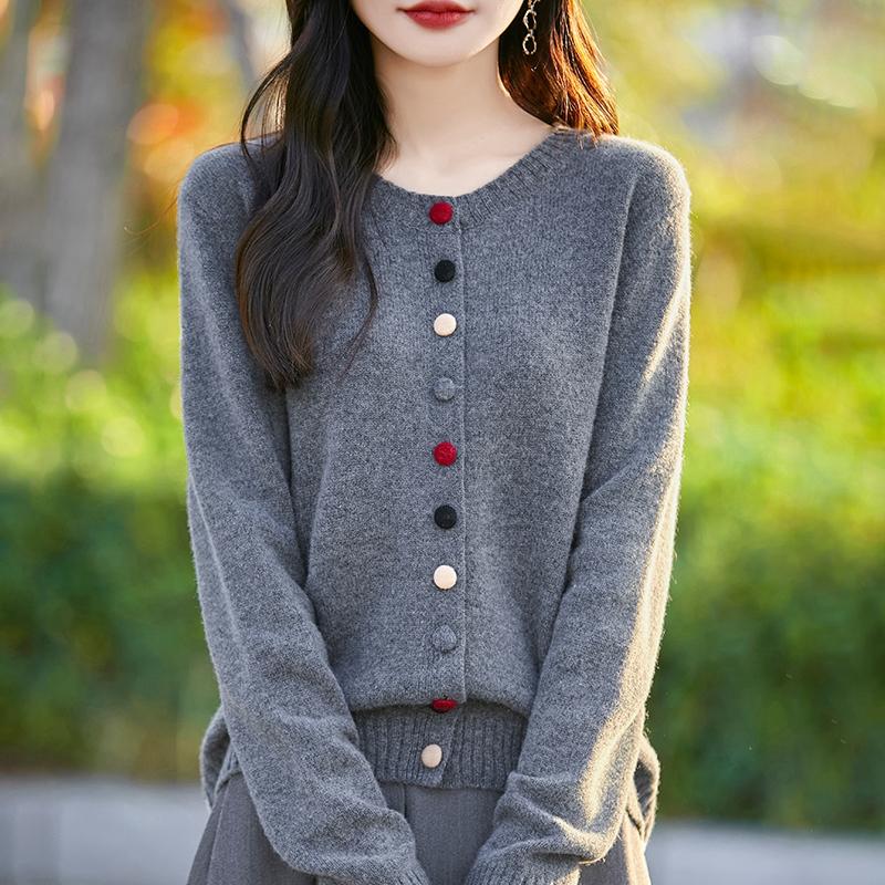 Suéter de cashmere feminino Qinghe cashmere 30% cashmere 70% lã outono e inverno cardigan cashmere macio e quente