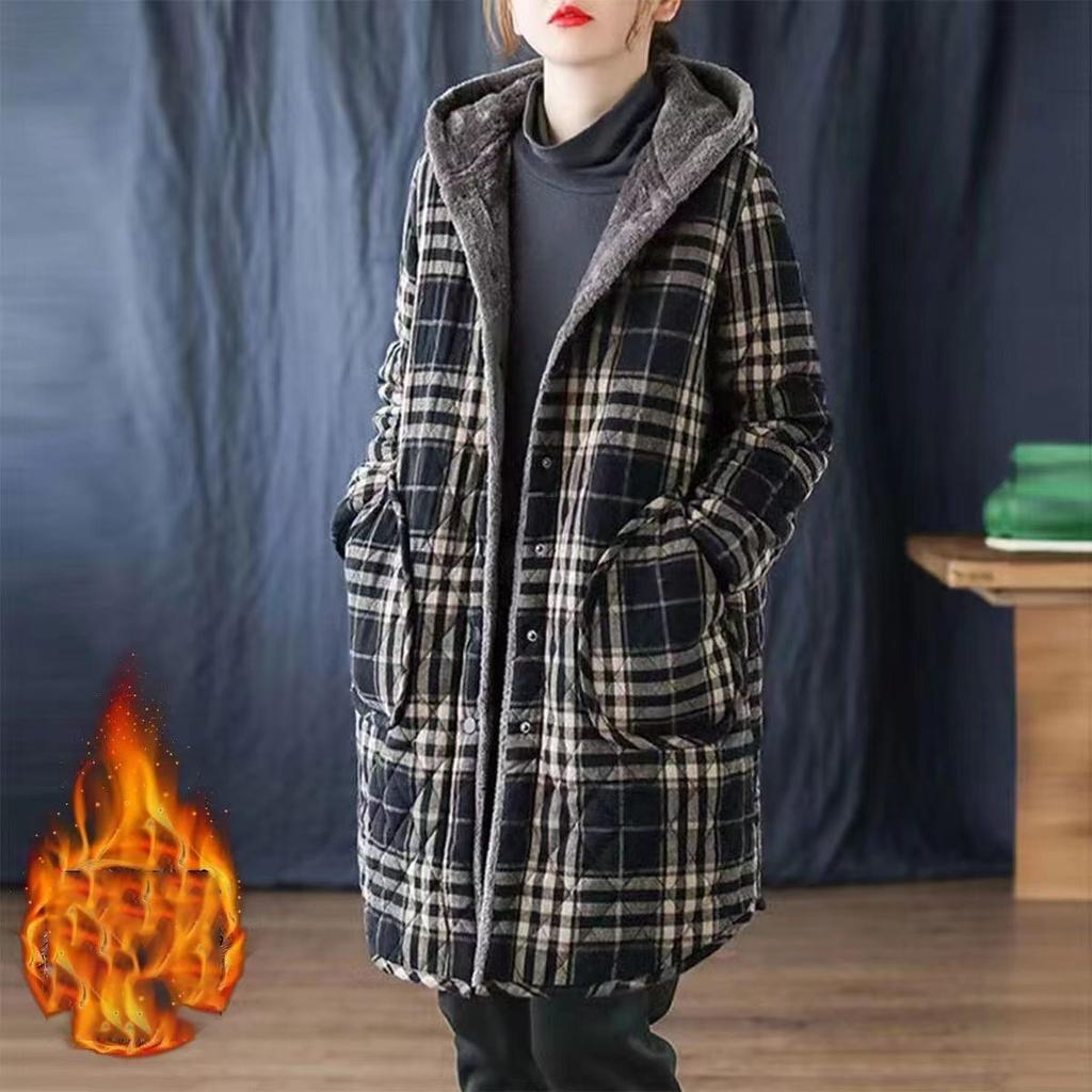Autumn Winter Striped Cotton Jacket Women Warm Plush Thicken Hooded Coat Fashion Loose Female Casual Long Overcoat