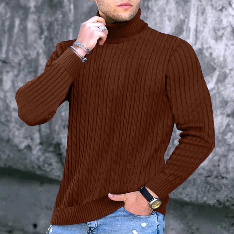 Autumn Winter Men's Knit Sweater High Neck Warmth Fashion Solid Color Slim Fit Male Bottoming Tops Jacquard Pullovers