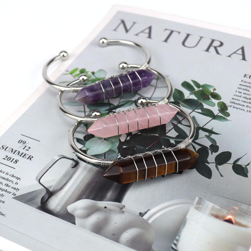 Handmade Silver Copper Wire Winding Natural Crystal Hexagonal Prism Bracelet Bracelet Bracelet Rough Stone Crystal Bracelet B2