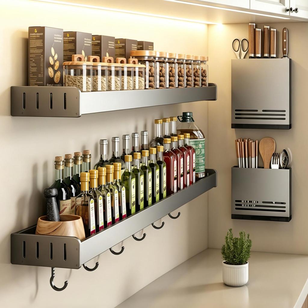 Gun Gray No-Drill Wall-Mounted Kitchen Storage Rack for Knives and Seasoning